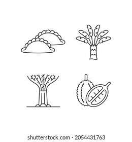 Plants in Singapore linear icons set. Traveller palm. Supertree grove. Curry puff. Singaporean cuisine. Customizable thin line contour symbols. Isolated vector outline illustrations. Editable stroke