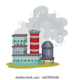 Plants Smoke Polluting Environment Vector Illustration. Industrial Smog and Factory Smoke Clouds