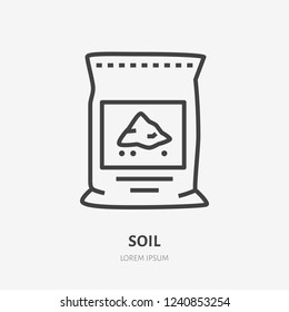 Plants soil in bag flat line icon. Vector thin sign of ground pachage, cement pack. Fertilizer illustration.