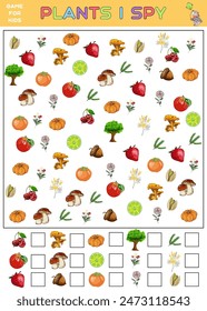 Plants I spy. Logic puzzle game for children and adults. Can you color the it? Page for kids brain teaser book. Task for attentiveness. IQ test. Play online