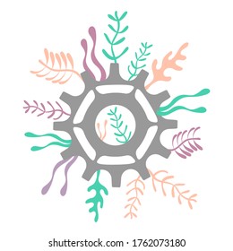 Plantas y elementos de vapor. Técnica y naturaleza, mecanismos y botánica. Fondo del vector