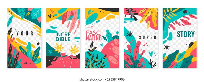 Plants stories templates. Colourful social network story, decorative floral framing, trendy spring covers, abstract elements. Vector set