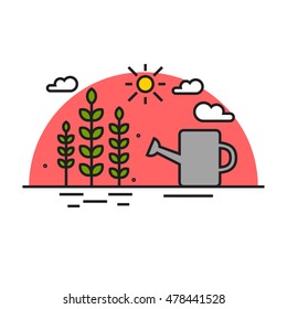 Plants, Sun and Watering Can (Flat Style Vector Illustration Icon Design)