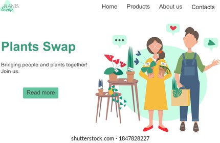 Plants swap landing page concept. Vector illustration peoples with home plants online banner.