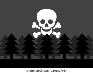 Plants and symbol od death and dying - Forest and wood with conifers and coniferous trees is goint to be damaged, ruined, destroyed and decimated by natural disaster. Vector illustration.