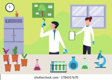 Plants testing vector concept: portrait of scientist couple doing experiment on pots of small plants