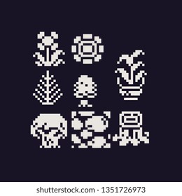 Plants trees and flowers pixel art icons set, spruce houseplant stump and soil element design for logo mobile app, web, sticker. Isolated 80s abstract vector illustration. 1-bit sprites. 