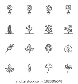 Plants and trees line icons set, outline vector symbol collection, linear style pictogram pack. Signs, logo illustration. Set includes icons as houseplant, tropical leaves, flowers