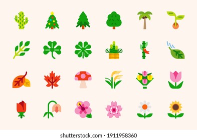 Plants and trees vector illustration icons set. Nature, natural, fresh trees, flowers, plants colorful isolated symbols collection