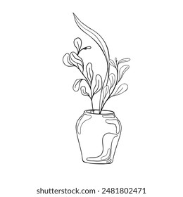 Plants in vase vector graphic hand drawn illustration. Pot and leaves on branch in black white line. Contour pottery in ink painted. Element for ceramics workshop, school modeling clay. Coloring vase