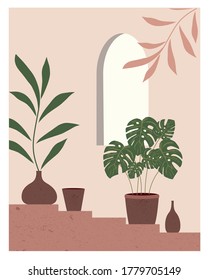 Plants in a vases on stairs. Vector illustration