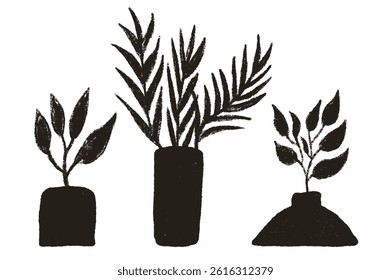 Plants in vases silhouette charcoal set. Flowerpot with leaves crayon pack. Vector hand drawn collection illustration isolated on white background.