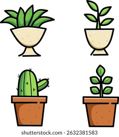Plants vector icon set of 4 potted with simple shading featuring cactus and other plants