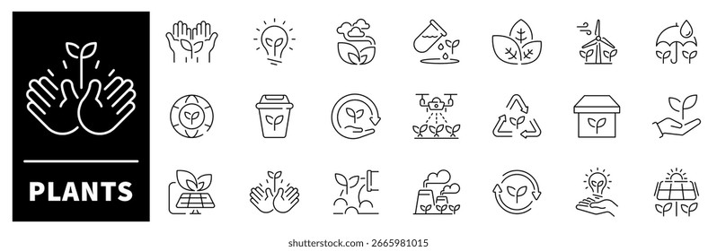Plantas iconos vectoriales en estilo de línea. Conjunto de iconos de plantas. Iconos de plantaciones ECO