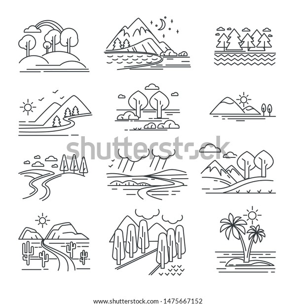 植物や水や山 風景の輪郭を描く自然のビューベクター画像 木と丘 山と湖 森と岩 砂漠と道 ヤシ 野生生物 植物 海と共に島 のベクター画像素材 ロイヤリティフリー