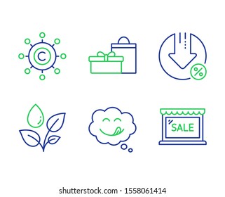 Plants watering, Copywriting network and Yummy smile line icons set. Gifts, Loan percent and Sale signs. Water drop, Content networking, Comic chat. Birthday boxes. Business set. Vector