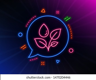 Plants watering line icon. Neon laser lights. Leaves dew sign. Environmental care symbol. Glow laser speech bubble. Neon lights chat bubble. Banner badge with plants watering icon. Vector