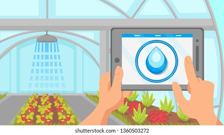 Plants Watering Remote Control System Illustration. Automatic Agricultural Irrigation Technology. Finger Pointing on Touchscreen. Smart Tech. Hand Holding Modern Device. Berry Bushes in Greenhouse