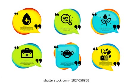 Plants watering, Skin condition and First aid icons simple set. Speech bubble with quotes. Oil serum, Medical mask and Mint bag signs. Water drop, Search magnifier, Medicine case. Vector