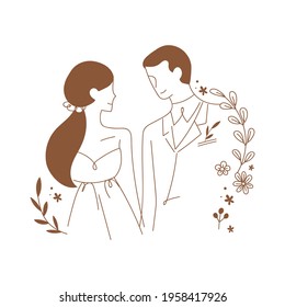 Plants and wedding illustration elements for wedding invitation front decoration. Bride and groom line drawing.