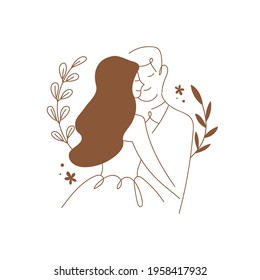 Plants and wedding illustration elements for wedding invitation front decoration. Bride and groom line drawing.