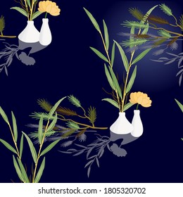 plantas con composición de jarrones blancos en un patrón inestable de color azul oscuro