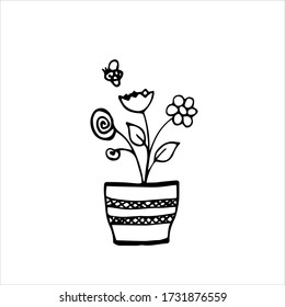 
Plants, willow twig, flowers in a pot and a bee. Cute drawing by hand. Vector illustration in doodle style. Isolate on a white background.