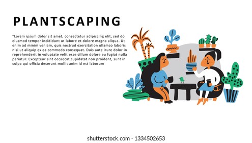 Plantscaping. Web banner. Hand drawn illustration of office, decorated with plants. Doodle style. Vector