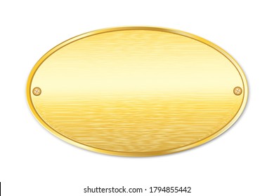 Plaque made of gold. Metal gold plate. Oval blank sign made of gold. Vector image.