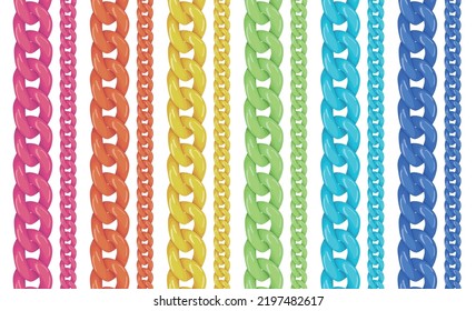 Plasctic chains vector illustration isolated on white background, colorful modern bijouterie design, rainbow colors plastic chains, red yellow, blue green jewelry concept