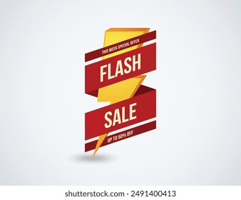 Plash Sale Shopping Banner with Flash Icon and Red Color Ribbon, Flash Sale Tag Design with Sale Promotion label