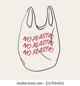 Plasictic bag  with wording ’NO PLASTIC ”  3 lines in hand drawn vector design Design for save the world , no plastic bag campaign and all graphic used ,on light beige background color