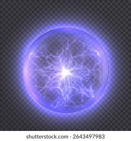 Uma bola de plasma com raios azuis e roxos descarrega dentro de uma esfera transparente. Um coágulo esférico de energia com descargas elétricas roxas brilhantes sobre um fundo transparente.
