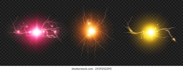 Plasma balls with thunderbolts and sparks of energy and discharge. Vector isolated set of realistic round lightning charged with high voltage and power. Magic strikes and blast or burst