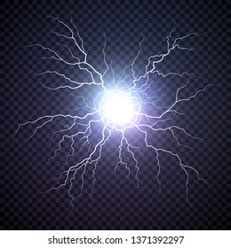 Plasma bolt. Fireball on dark background. Thunder storm flash light. Realistic electricity lightning. Vector illustration isolated on transparent background