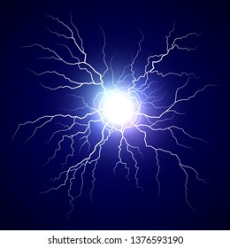 Plasma bolt. Fireball on dark background. Thunder storm flash light. Realistic electricity lightning. Vector illustration