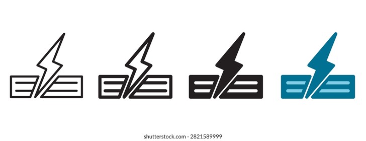 Plasma cutting icon with high voltage electric arc lightning bolt severing metal sheet plate representing smart factory thermal fabrication, digital manufacturing processing, and heavy tech.