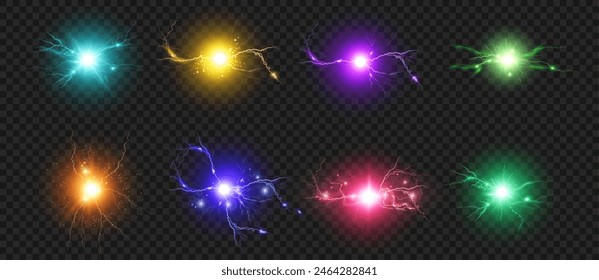 Plasma discharge, isolated realistic round lightning or thunderstorm effect. Vector sphere with high voltage energy, bright ball with sparks and charge. Electrical powerful thunderbolt burst