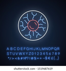 Plasma physics neon light icon. High energy state of matter. Astrophysical phenomena. Ionized gaseous substance. Glowing sign with alphabet, numbers and symbols. Vector isolated illustration