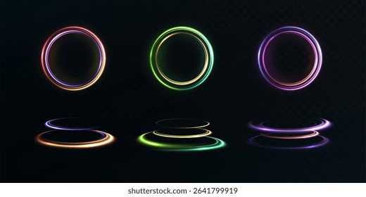Plasma rings in neon style with glow effect and soft reflections. For sci-fi interfaces, backgrounds and teleportation technologies.