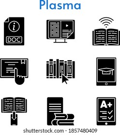 Plasmaspiegel. beinhaltet Reader, e-Book, Online-Lernen, Buch, Schüler-Tablet, doc, Touchscreen-Symbole. gefüllte Stile.