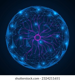 Esfera de plasma. Diseño poligonal de líneas y puntos interconectados. Fondo azul.