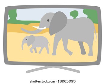 Plasma TV-set with broad screen isolated on white screen vector illustration, broadcasting modern device, flat cartoon television icon, showing elephants