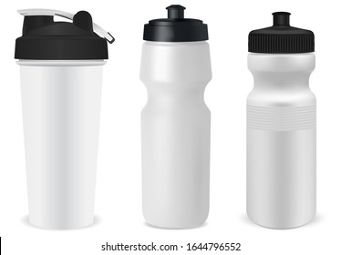 Plastc Sport Bottle. Reusable Water Flask Illustration. Protein Powder Fitness Canister Template Set. Realistic Bicycle Vessel Blank With Black Cap. Gym Product Container