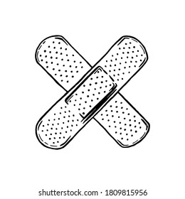 Plaster Aid Band Hand Drawn Black And White Vector Illustration