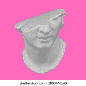 Plaster bust in bitmap pixel art style. Vaporwave and retrowave aesthetics from the 80s.