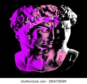 Plaster bust in bitmap pixel art style. Vaporwave and retrowave aesthetics from the 80s.