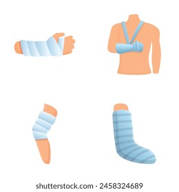 Plaster casted icons set cartoon vector. Trauma bandaging technique. First aid, medical emergency