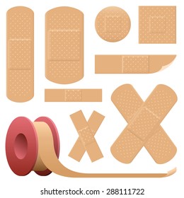 Plaster collection - various realistic looking adhesive bandages - very detailed, such as three-dimensional holes of breathable fabric. Isolated vector illustration on white background.