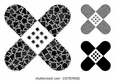Plaster composition of raggy items in various sizes and color hues, based on plaster icon. Vector bumpy items are combined into composition. Plaster icons collage with dotted pattern.